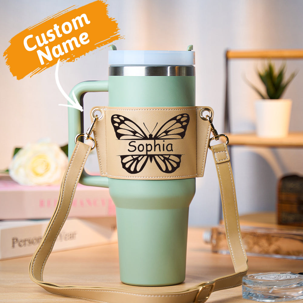 Personalized 40oz Stanley Tumbler with Butterfly Carrier Bag and Adjustable Strap - Sophia
