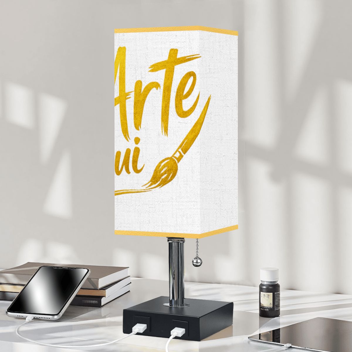 Square Table Lamp with USB Port Gold Trim