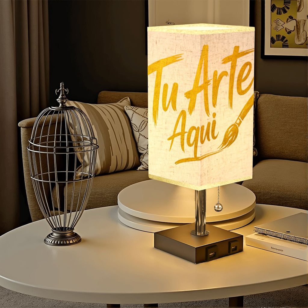 Square Table Lamp with USB Port Gold Trim